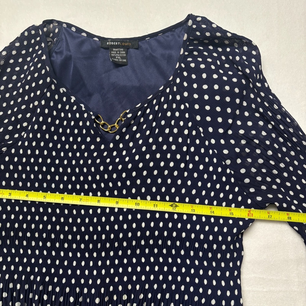 Robert Louis Navy Polka Dot PXL Pleated Bell Sleeve V Neck Midi Whimsigoth Retro - Picture 5 of 9